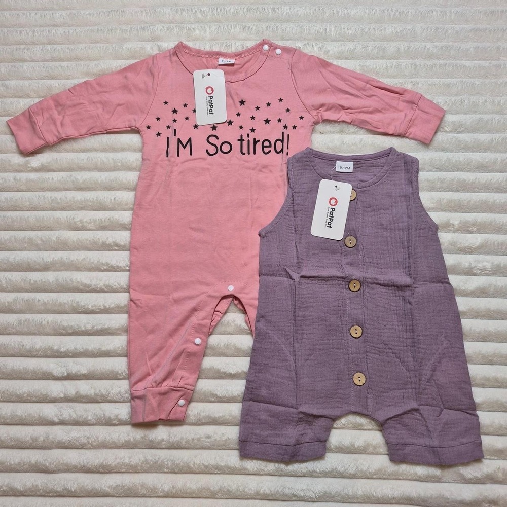 PatPat Baby Girl Romper Set 9-12M Pink I'm So Tired & Purple Gauze Button Front